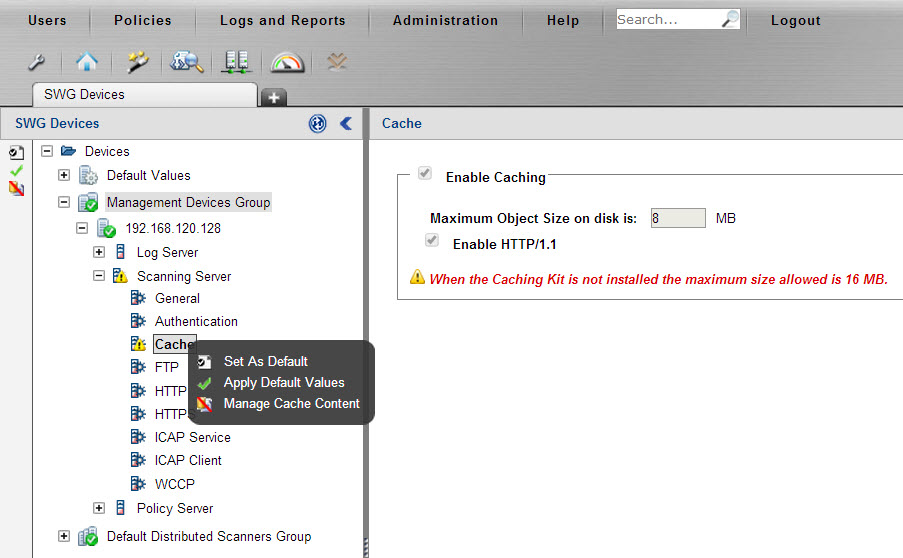 How to clear the cache on an SWG scanner (16154, cache, cached content
